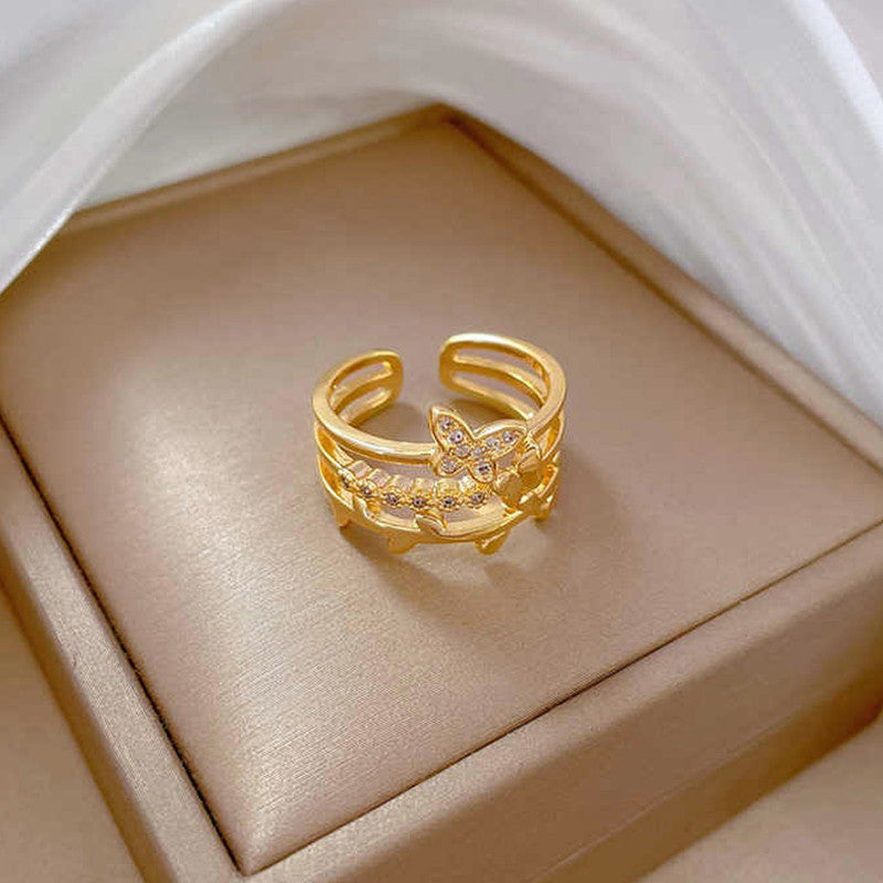 Gold Plated Anti Tarnish Stainless Steel Butterfly Themed Adjustable Finger Ring