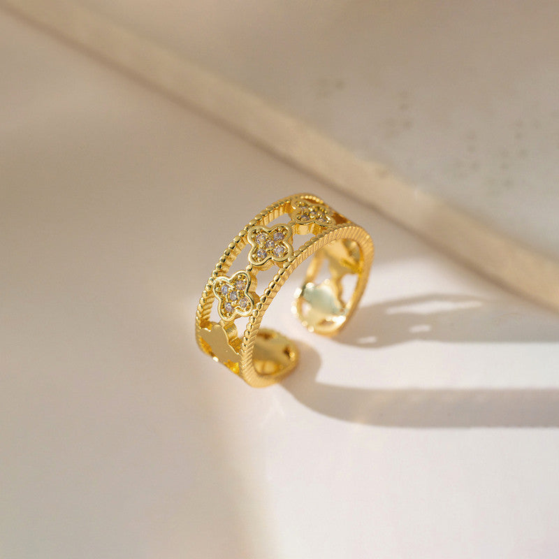 Gold Plated Anti Tarnish Stainless Steel Clover Themed Adjustable Finger Ring