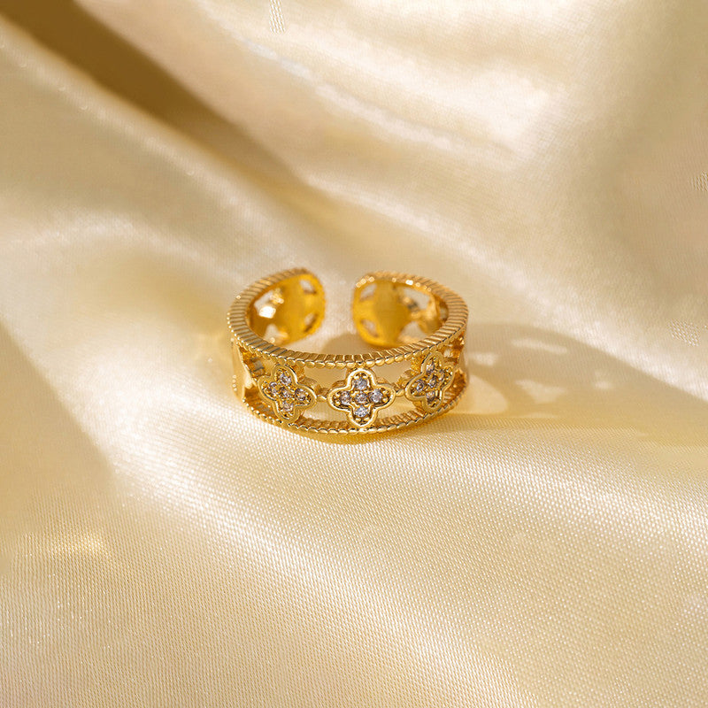 Gold Plated Anti Tarnish Stainless Steel Clover Themed Adjustable Finger Ring