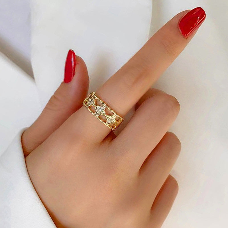 Gold Plated Anti Tarnish Stainless Steel Clover Themed Adjustable Finger Ring