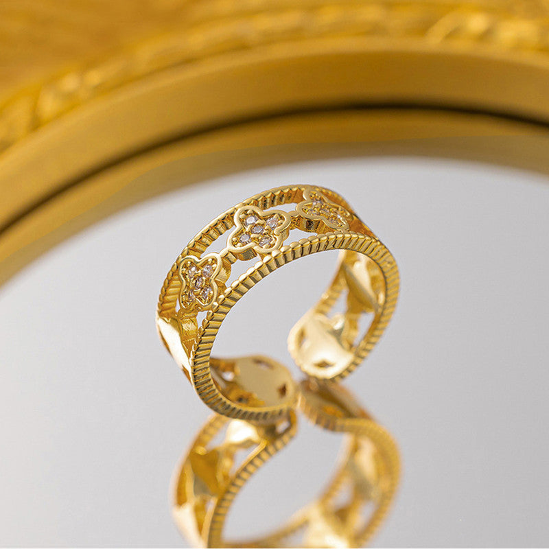 Gold Plated Anti Tarnish Stainless Steel Clover Themed Adjustable Finger Ring
