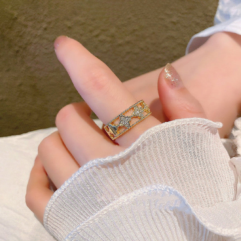 Gold Plated Anti Tarnish Stainless Steel Clover Themed Adjustable Finger Ring