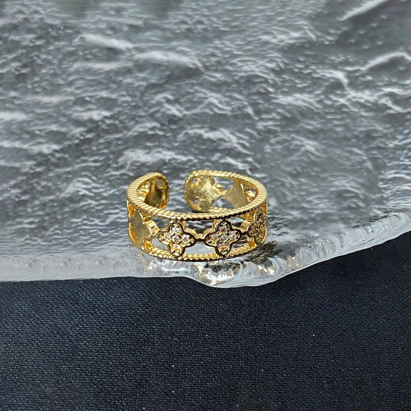 Gold Plated Anti Tarnish Stainless Steel Clover Themed Adjustable Finger Ring