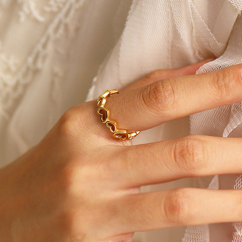 Gold Plated Anti Tarnish Stainless Steel Heart Themed Adjustable Finger Ring