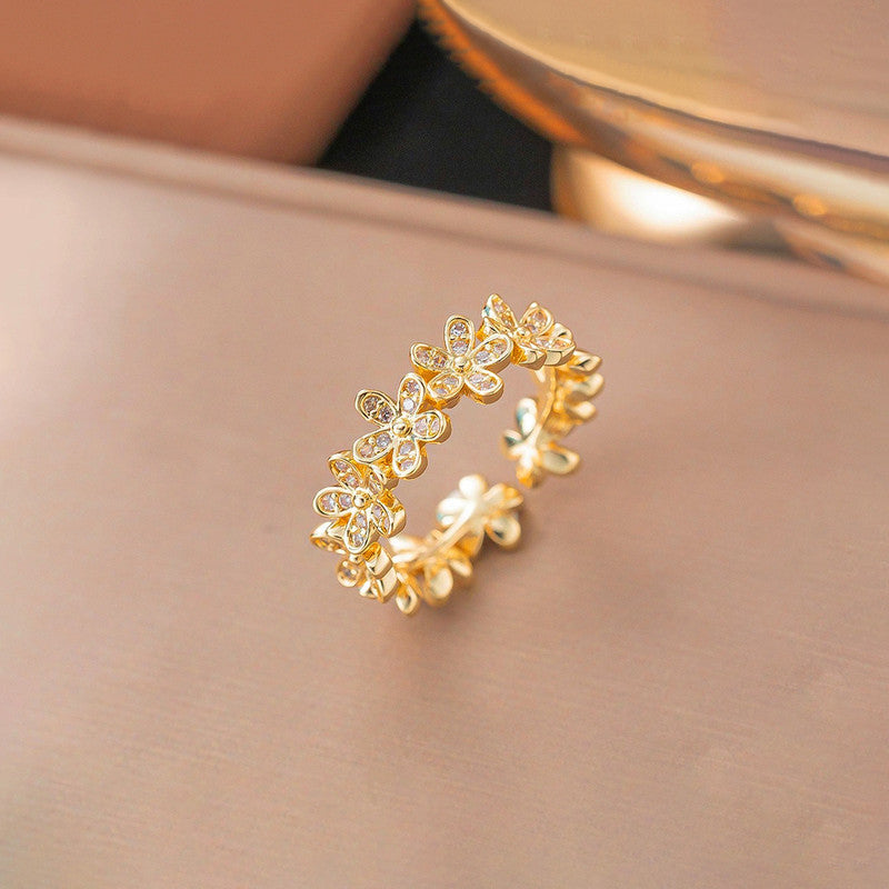 Gold Plated Anti Tarnish Stainless Steel Floral Themed Adjustable Finger Ring