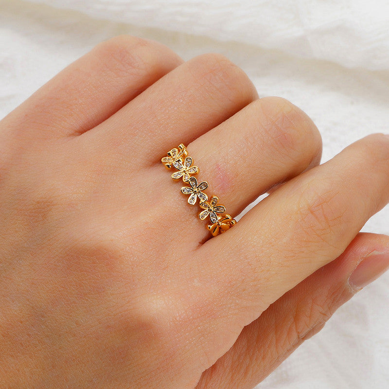 Gold Plated Anti Tarnish Stainless Steel Floral Themed Adjustable Finger Ring