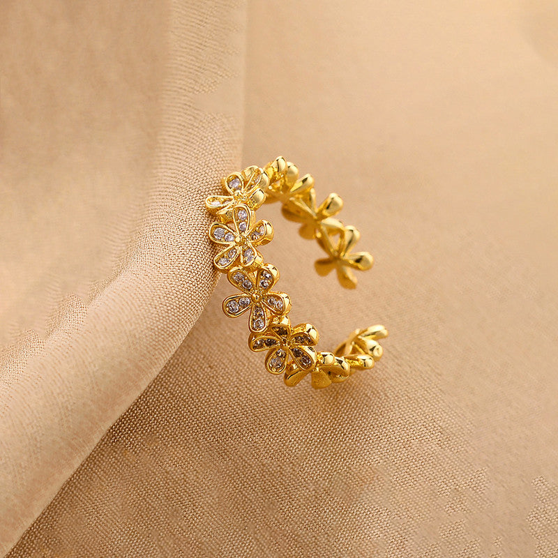 Gold Plated Anti Tarnish Stainless Steel Floral Themed Adjustable Finger Ring