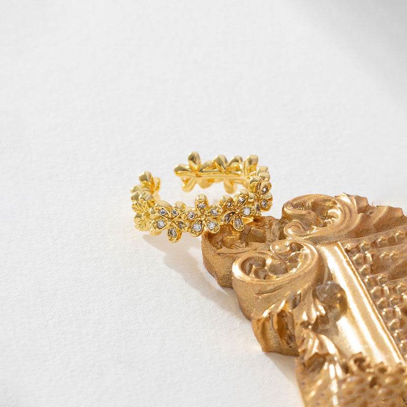 Gold Plated Anti Tarnish Stainless Steel Floral Themed Adjustable Finger Ring