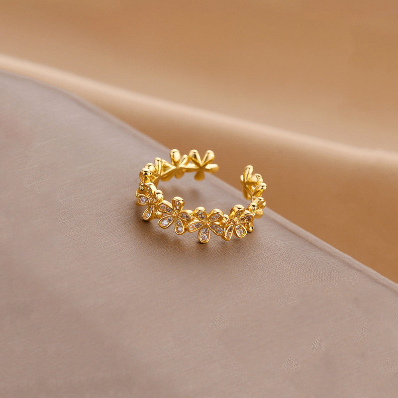 Gold Plated Anti Tarnish Stainless Steel Floral Themed Adjustable Finger Ring