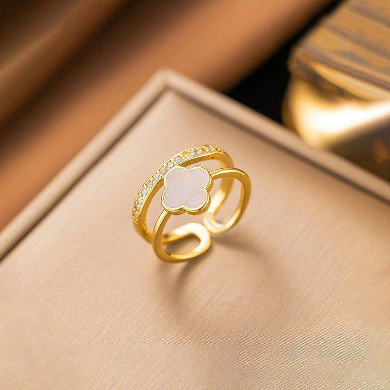 Gold Plated Anti Tarnish Stainless Steel Clover Themed Adjustable Finger Ring