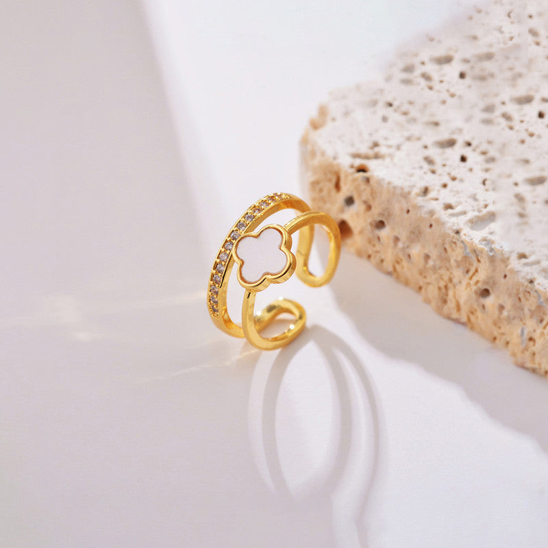 Gold Plated Anti Tarnish Stainless Steel Clover Themed Adjustable Finger Ring