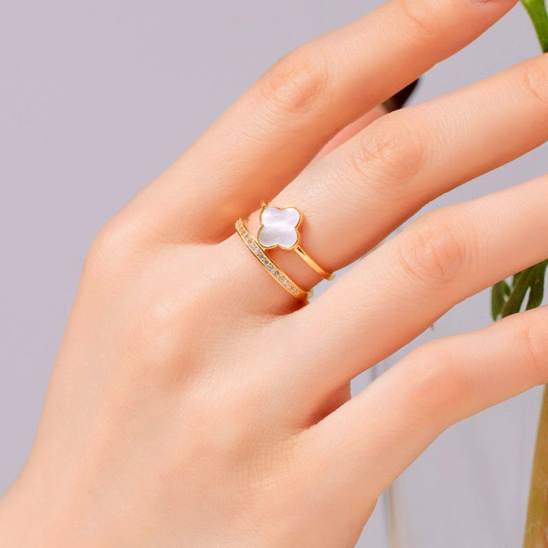 Gold Plated Anti Tarnish Stainless Steel Clover Themed Adjustable Finger Ring