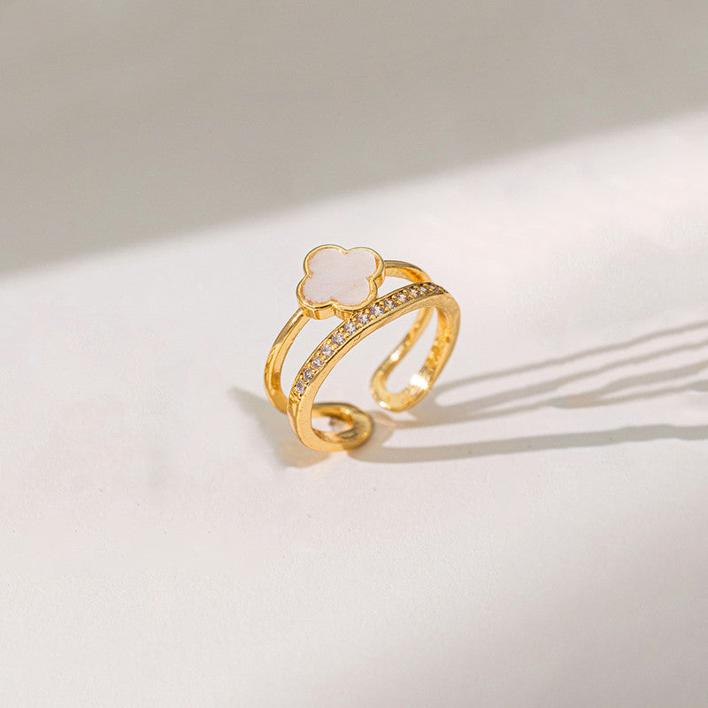 Gold Plated Anti Tarnish Stainless Steel Clover Themed Adjustable Finger Ring