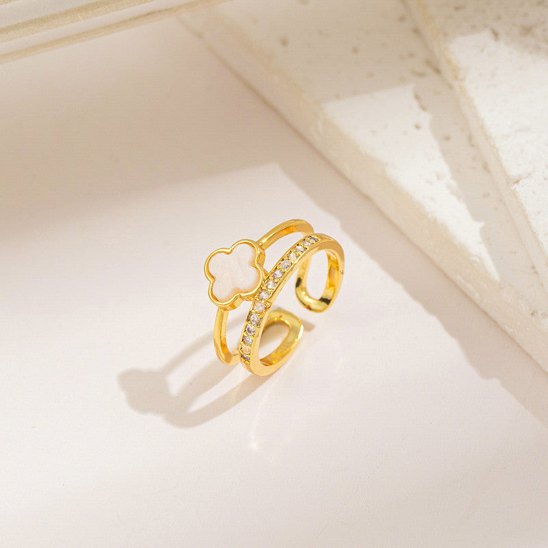 Gold Plated Anti Tarnish Stainless Steel Clover Themed Adjustable Finger Ring