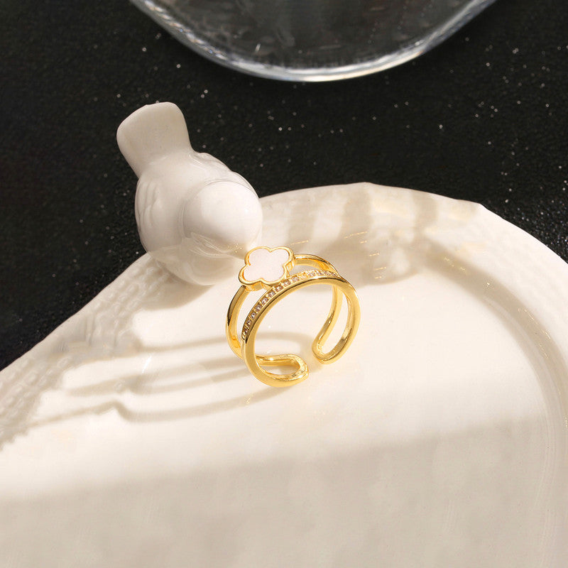 Gold Plated Anti Tarnish Stainless Steel Clover Themed Adjustable Finger Ring