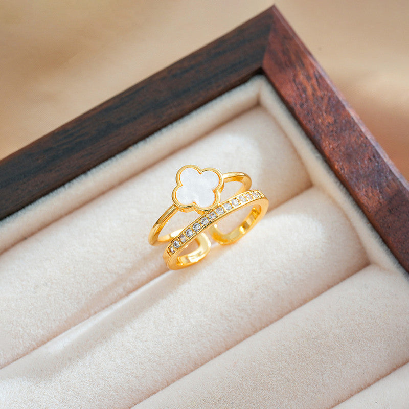Gold Plated Anti Tarnish Stainless Steel Clover Themed Adjustable Finger Ring