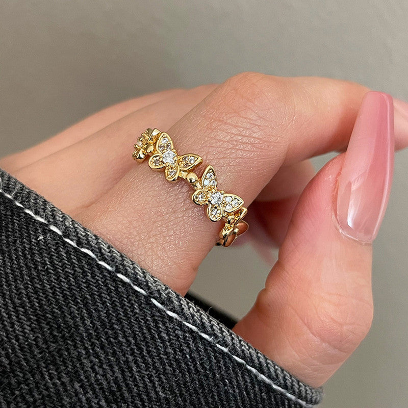 Gold Plated Anti Tarnish Stainless Steel Butterfly Themed Adjustable Finger Ring