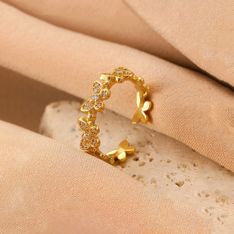 Gold Plated Anti Tarnish Stainless Steel Butterfly Themed Adjustable Finger Ring