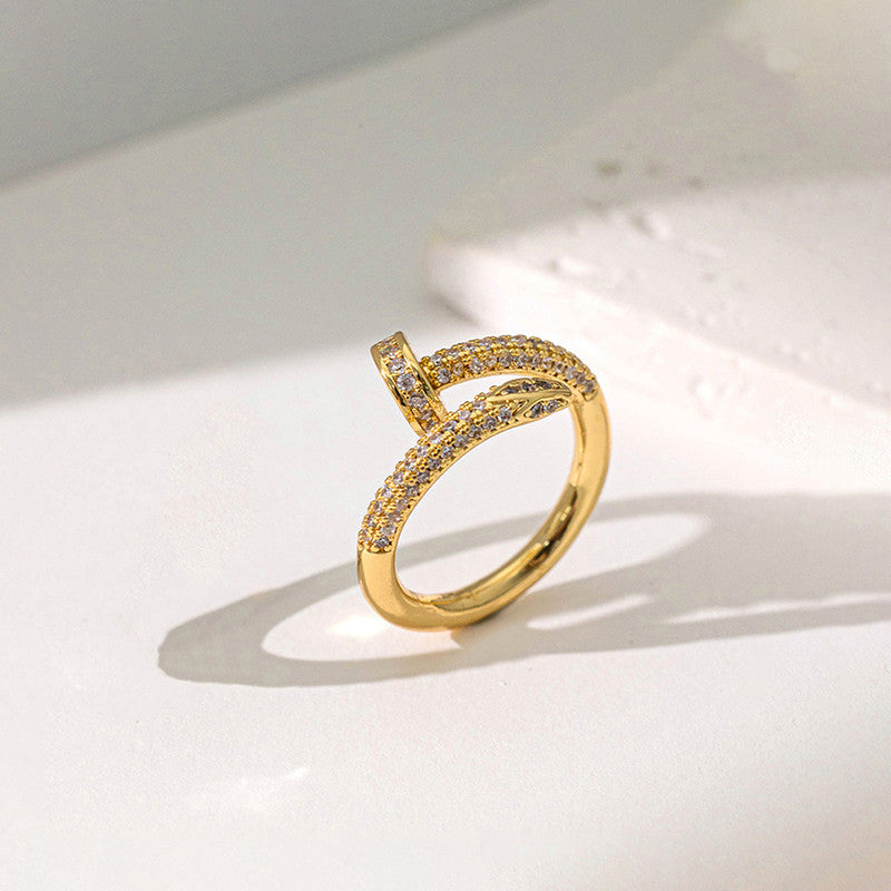 Gold Plated Anti Tarnish Stainless Steel Nail Shaped AD Studded Adjustable Finger Ring