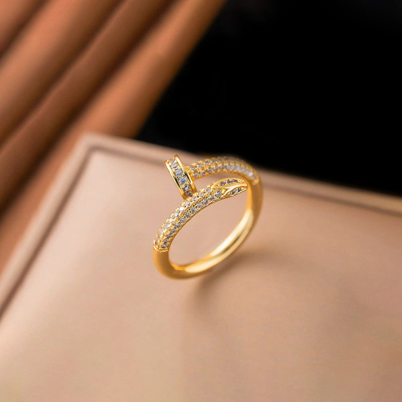 Gold Plated Anti Tarnish Stainless Steel Nail Shaped AD Studded Adjustable Finger Ring