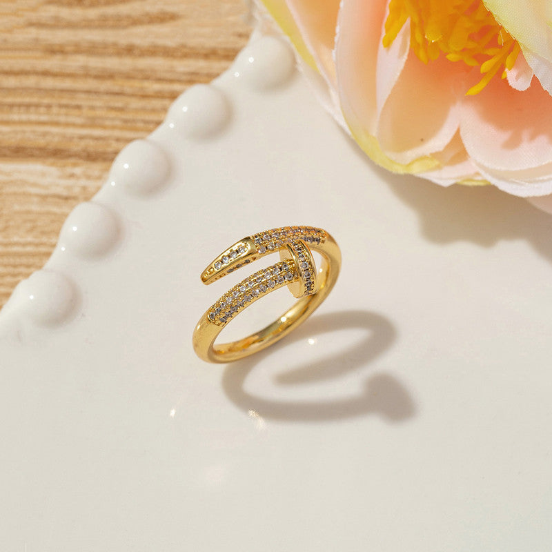 Gold Plated Anti Tarnish Stainless Steel Nail Shaped AD Studded Adjustable Finger Ring