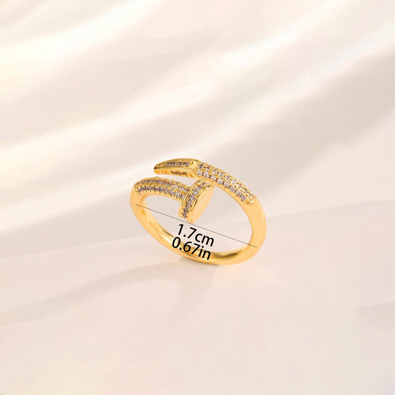 Gold Plated Anti Tarnish Stainless Steel Nail Shaped AD Studded Adjustable Finger Ring