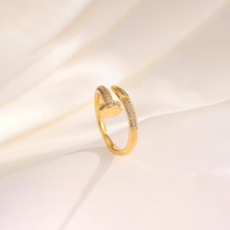 Gold Plated Anti Tarnish Stainless Steel Nail Shaped AD Studded Adjustable Finger Ring