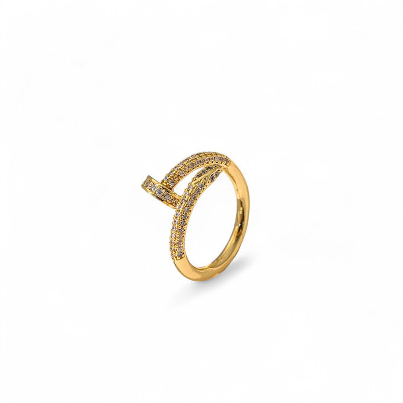 Gold Plated Anti Tarnish Stainless Steel Nail Shaped AD Studded Adjustable Finger Ring