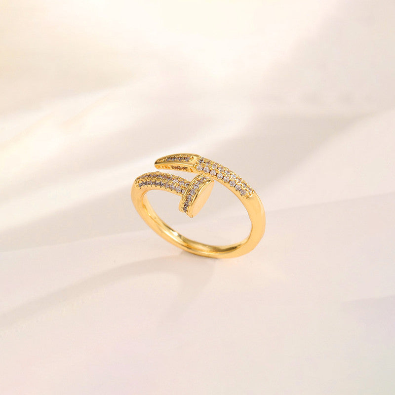 Gold Plated Anti Tarnish Stainless Steel Nail Shaped AD Studded Adjustable Finger Ring