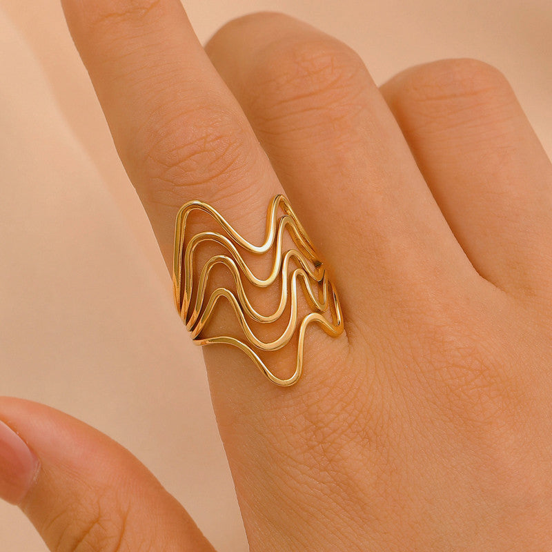 Gold Plated Anti Tarnish Stainless Steel Wave Style Contemporary Ring