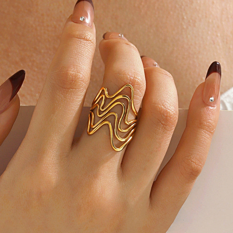 Gold Plated Anti Tarnish Stainless Steel Wave Style Contemporary Ring