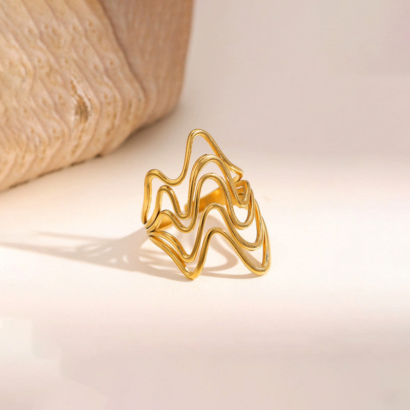Gold Plated Anti Tarnish Stainless Steel Wave Style Contemporary Ring
