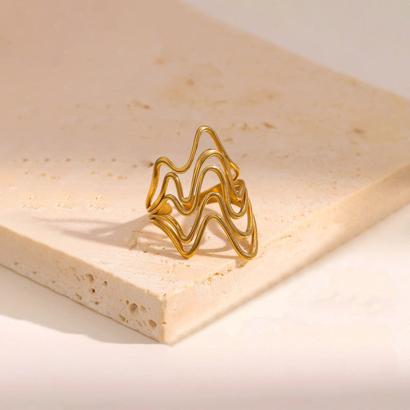 Gold Plated Anti Tarnish Stainless Steel Wave Style Contemporary Ring