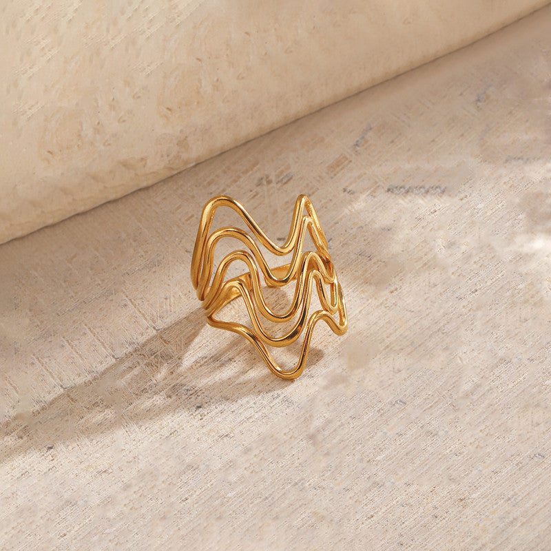 Gold Plated Anti Tarnish Stainless Steel Wave Style Contemporary Ring