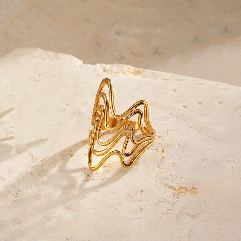 Gold Plated Anti Tarnish Stainless Steel Wave Style Contemporary Ring