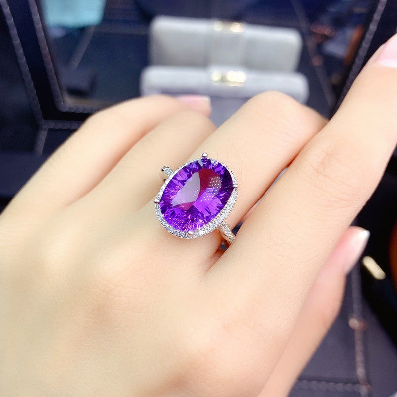 Silver Plated American Diamond Crushed Ice Cut Purple Oval Finger Ring