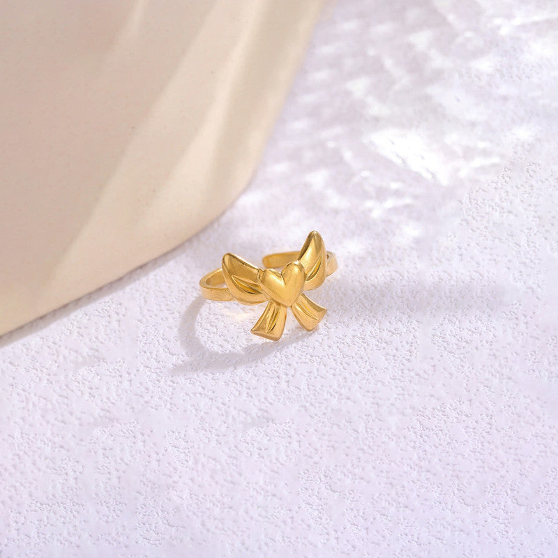 Gold-Plated Anti Tarnish Stainless Steel Bow Themed Adjustable Ring