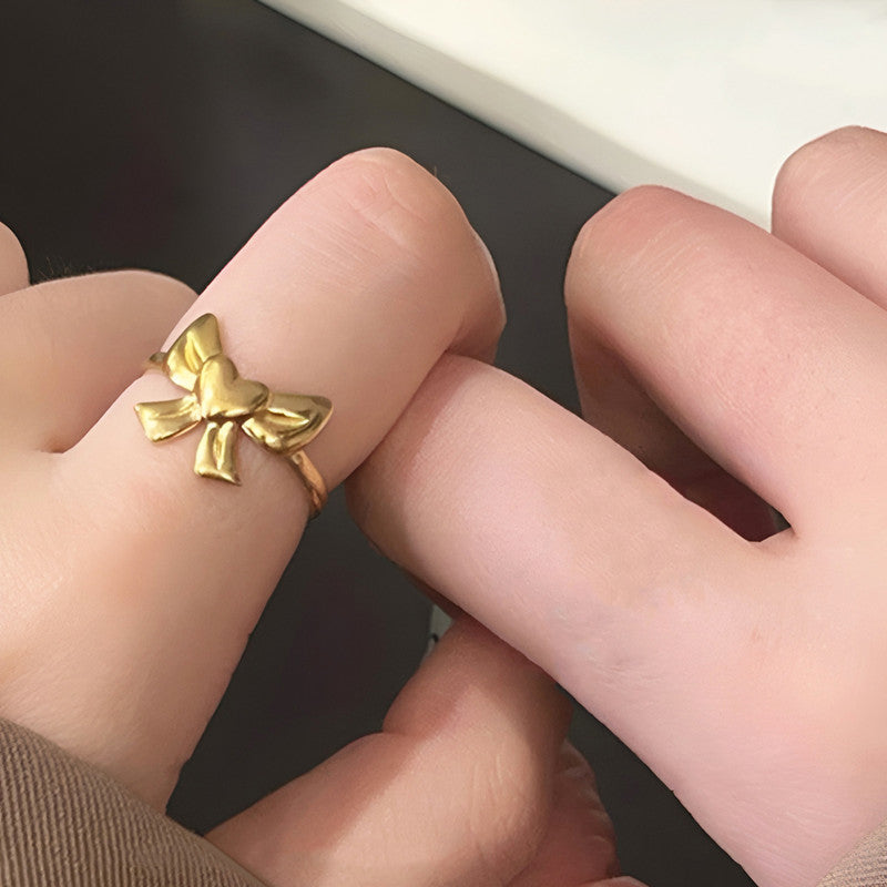 Gold-Plated Anti Tarnish Stainless Steel Bow Themed Adjustable Ring
