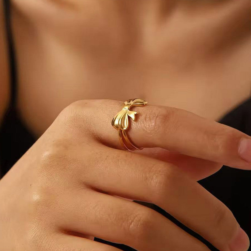 Gold-Plated Anti Tarnish Stainless Steel Bow Themed Adjustable Ring