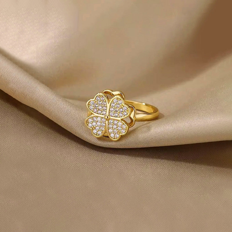 Gold Plated Clover Themed Rotatable Adjustable Ring