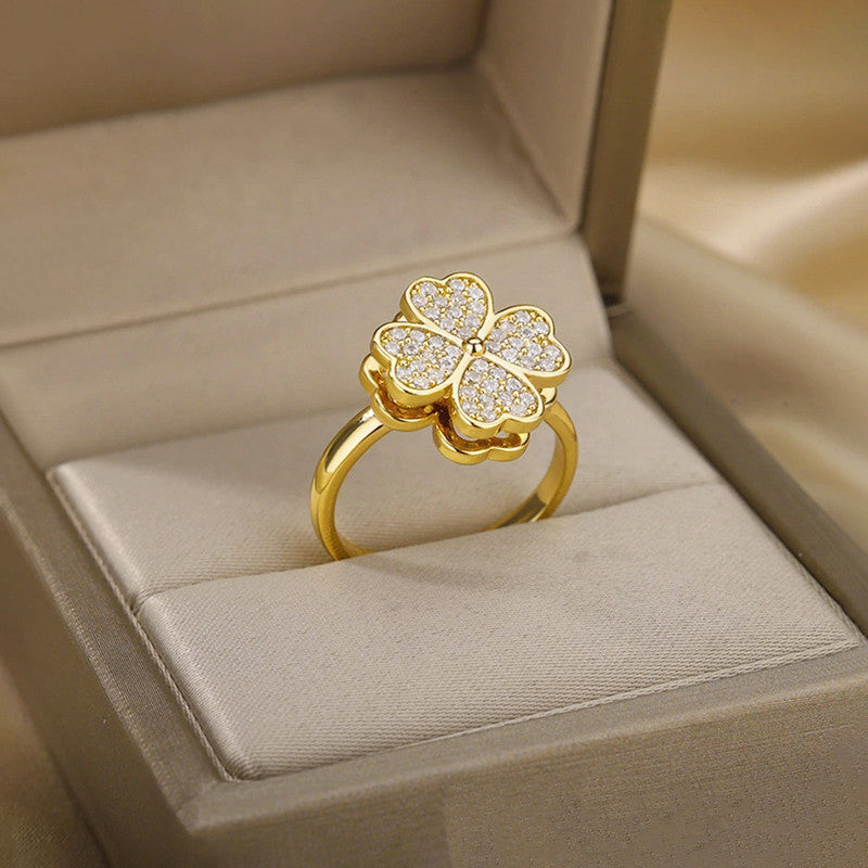 Gold Plated Clover Themed Rotatable Adjustable Ring