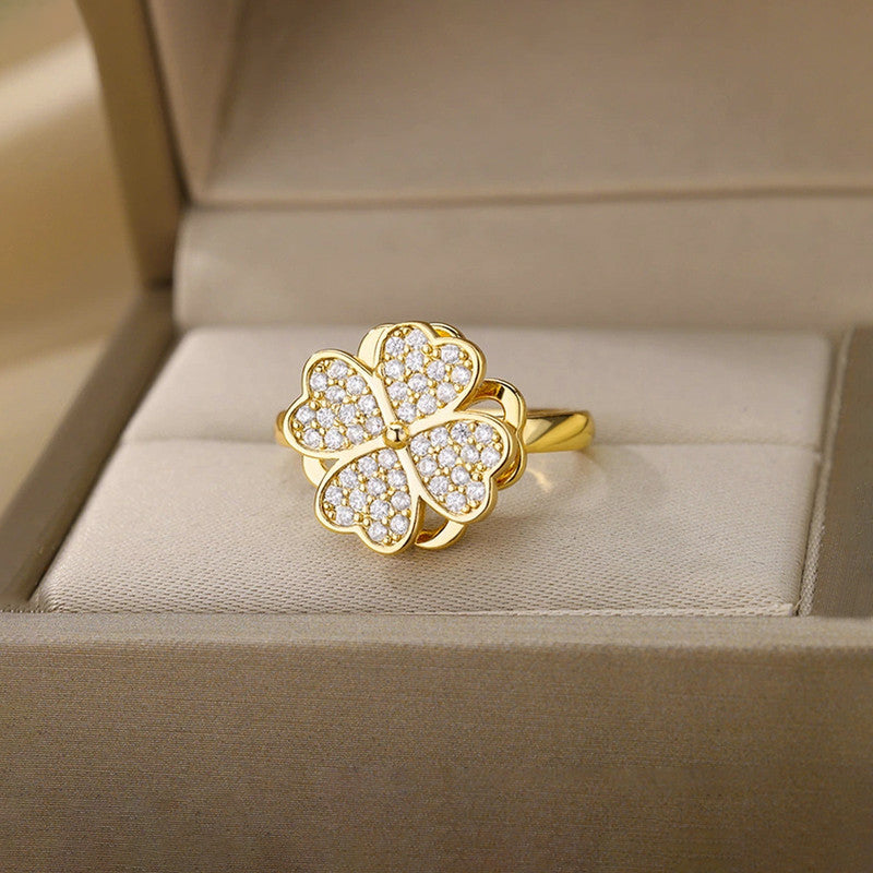 Gold Plated Clover Themed Rotatable Adjustable Ring
