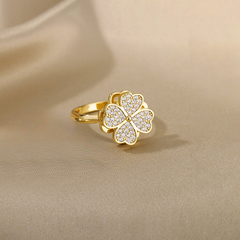 Gold Plated Clover Themed Rotatable Adjustable Ring