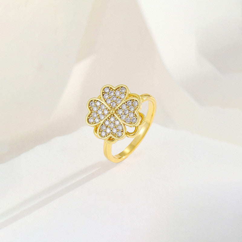 Gold Plated Clover Themed Rotatable Adjustable Ring