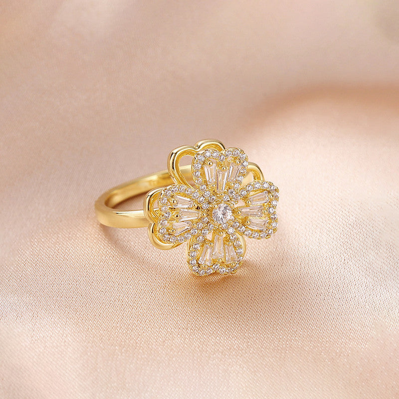 Gold Plated Clover Themed Rotatable Adjustable Ring