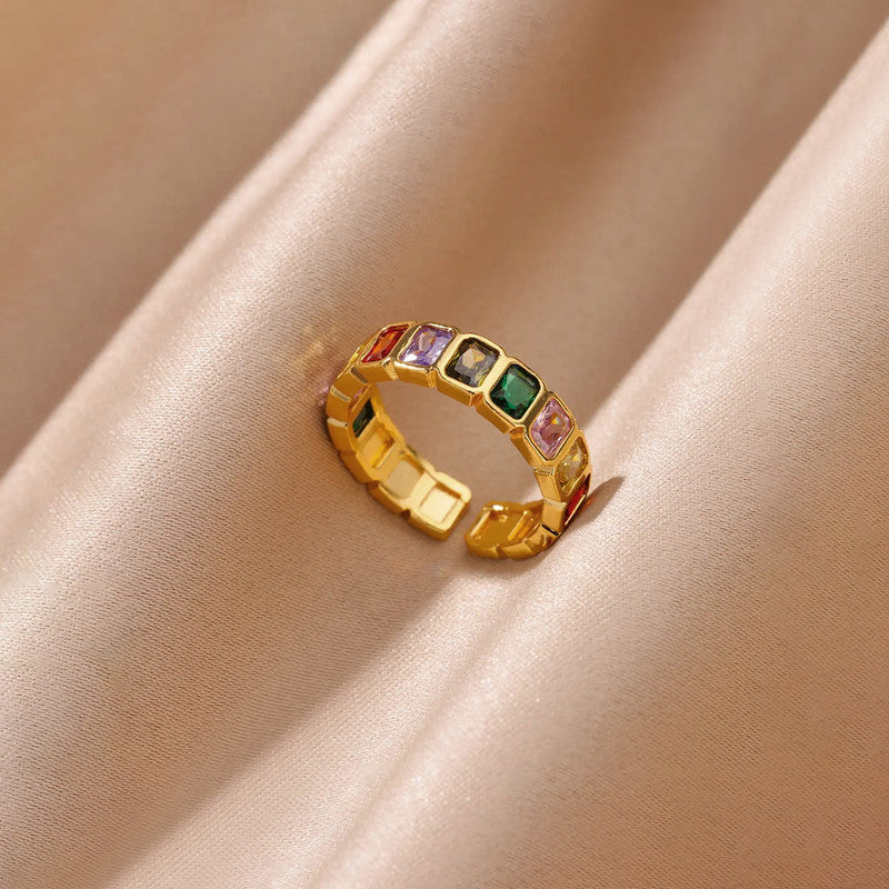 Gold-Plated Multicolor Square ADs Adjustable Ring