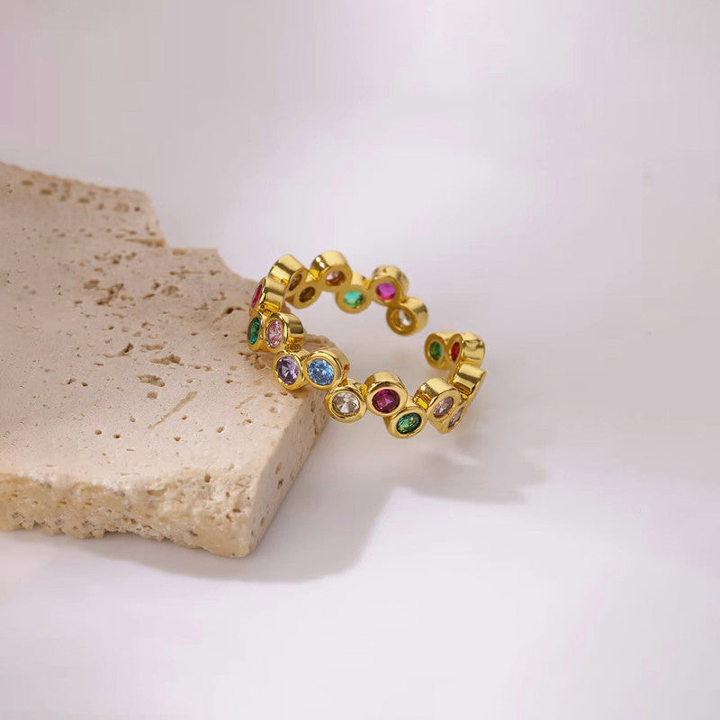 Gold-Plated Multicolor Round ADs Adjustable Ring