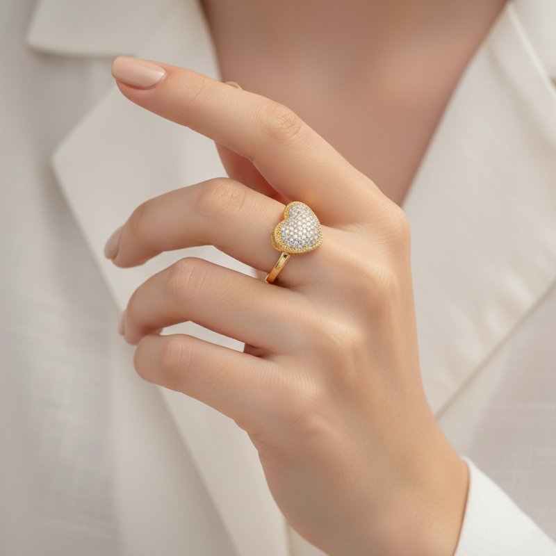 Gold Plated Heart Themed Adjustable Ring