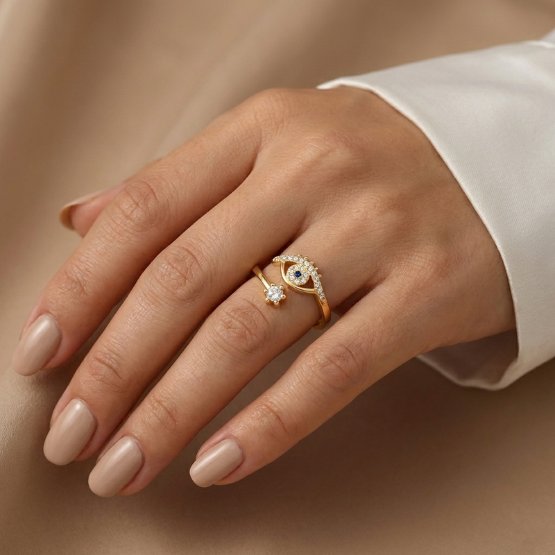 Gold Plated Contemporary Style Evil Eye Themed Adjustable Ring