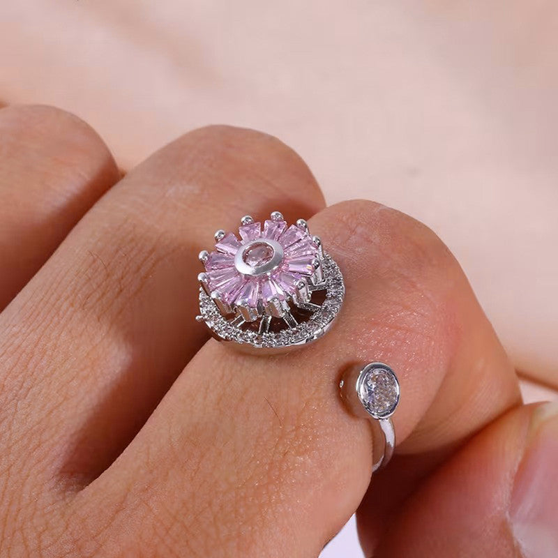 Silver Plated Round Shape Pink Rotatable Adjustable Ring